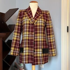 YSL Vintage Red/Yellow Plaid Fringe Blazer FR 38
